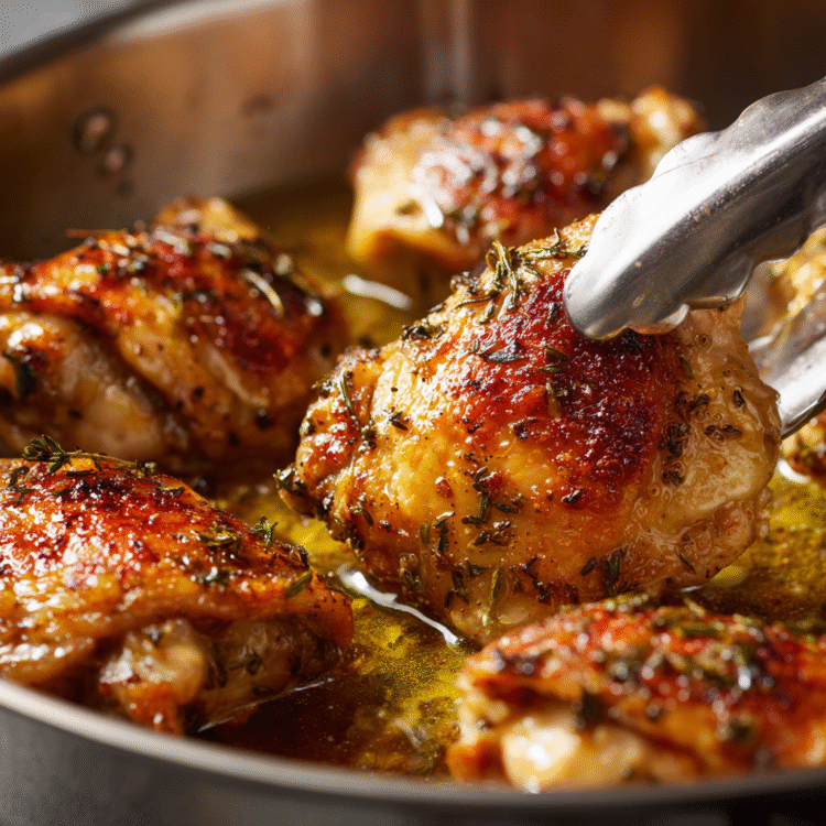 greek lemon chicken being cooked in a pan