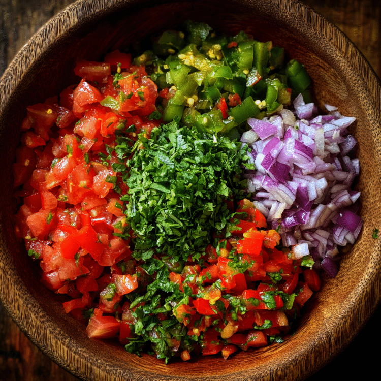 flatlay shot of salsa ingredients in a wooden bowl