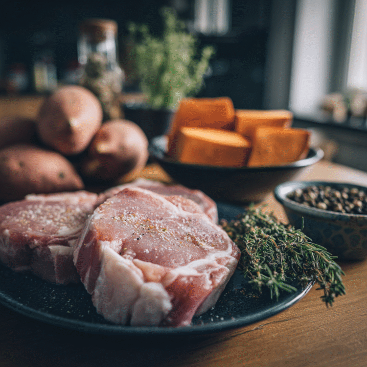 Honey Garlic Pork Chops with Sweet Potato Cubes