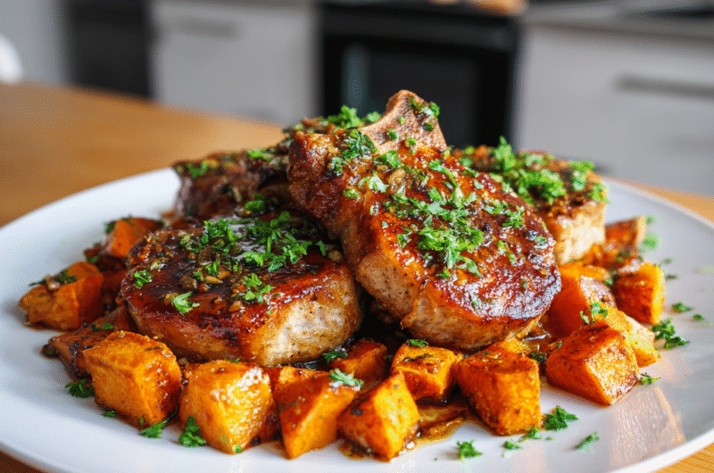Honey Garlic Pork Chops with Sweet Potato Cubes