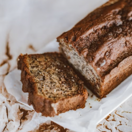 Moist Greek Yogurt Banana Bread sliced on a white serving plate, showing a soft and fluffy texture, photographed in a bright modern kitchen with clean white and beige tones.